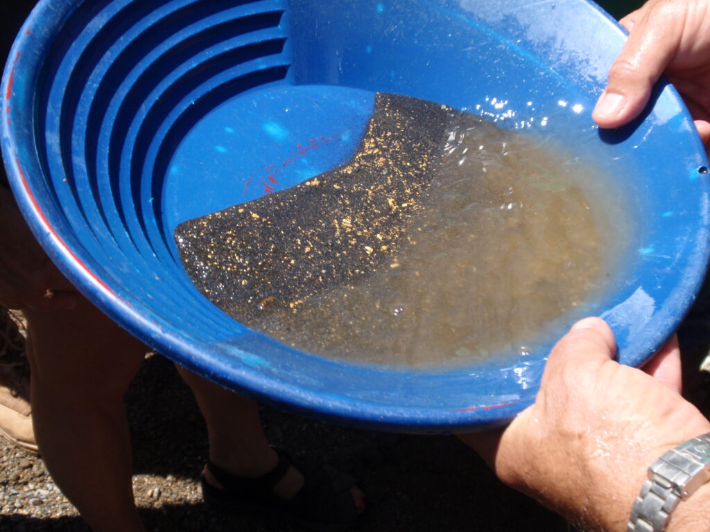 Rich Klamath river gold dust in a blue pan.